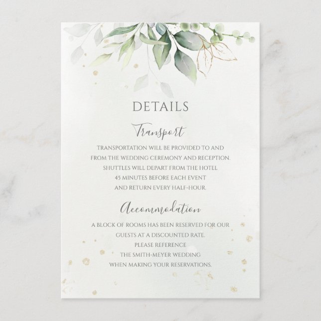 Tarjeta De Recepción Eucalyptus deja la vegetación Boda elegante de oro (Anverso)
