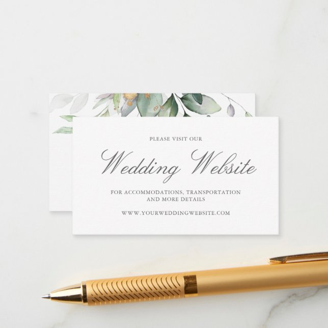 Tarjeta De Recepción Eucalyptus deja sitio web de Greenery Gold Boda (Anverso/Reverso In Situ)