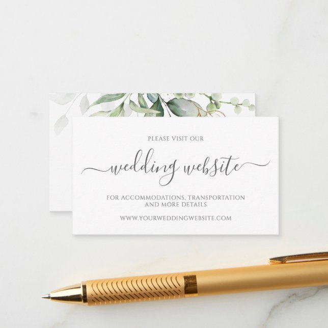 Tarjeta De Recepción Eucalyptus deja sitio web de Greenery Gold Boda (Anverso/Reverso In Situ)