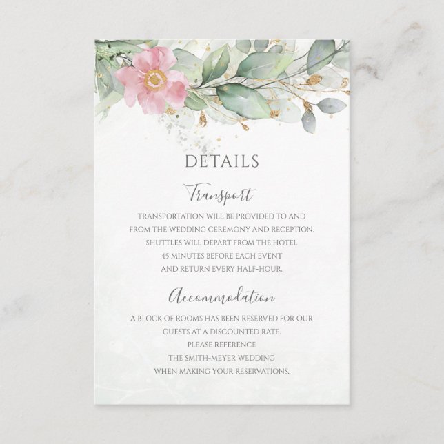 Tarjeta De Recepción Eucalyptus deja vegetación Boda floral rosa (Anverso)