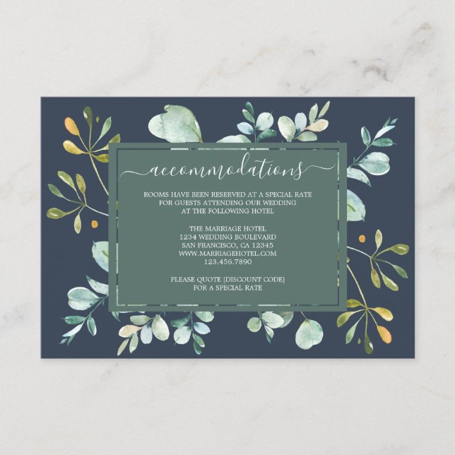 Tarjeta De Recepción Eucalyptus Foliage Navy Boda Botánico Azul (Anverso)