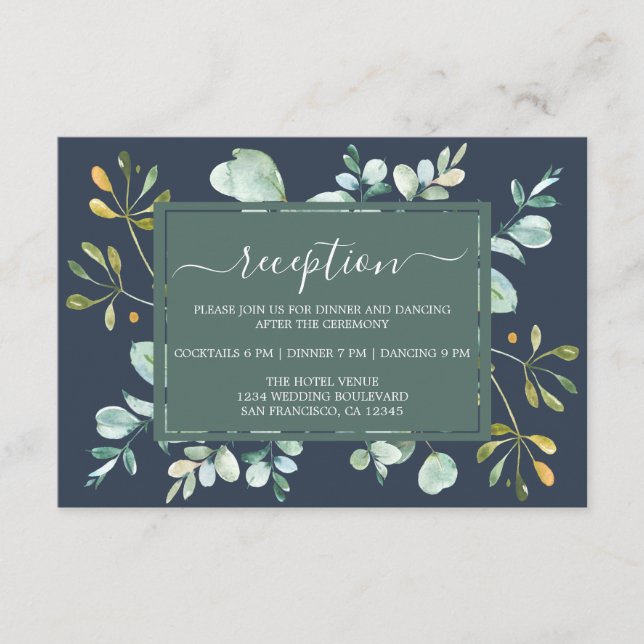 Tarjeta De Recepción Eucalyptus Foliage Navy Boda Botánico Azul (Anverso)