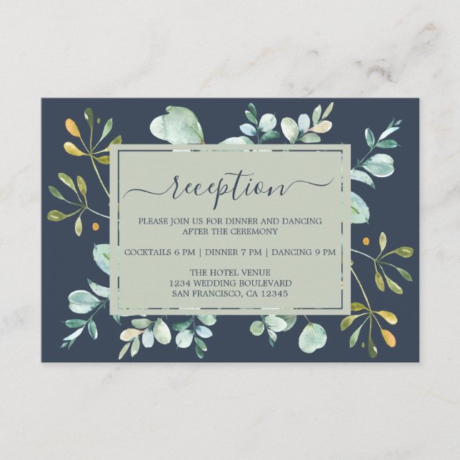 Tarjeta De Recepción Eucalyptus Foliage Navy Boda Botánico Azul (Anverso)