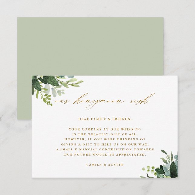 Tarjeta De Recepción Eucalyptus Green Foliage Boda Honeymoon Wish (Anverso / Reverso)