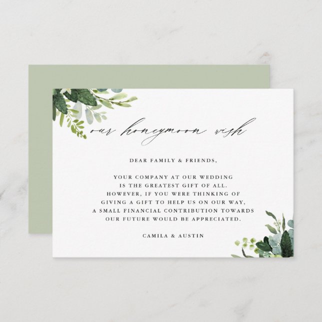 Tarjeta De Recepción Eucalyptus Green Foliage Boda Honeymoon Wish (Anverso / Reverso)