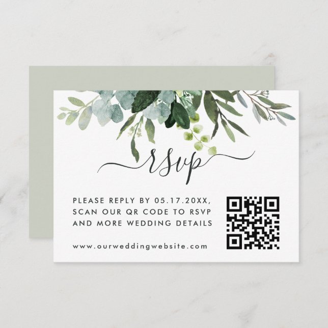 Tarjeta De Recepción Eucalyptus Green Foliage RSVP con código QR (Anverso / Reverso)