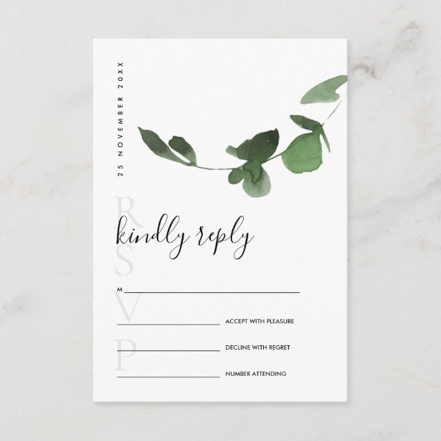 TARJETA DE RECEPCIÓN EUCALYPTUS GREEN FOLIAGE WATERCOLOR WEDDING RSVP (Anverso)