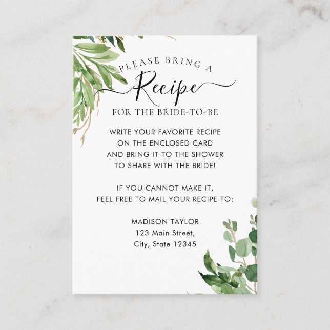 Tarjeta De Recepción Eucalyptus Greenery Bridal Shower Receta (Anverso)