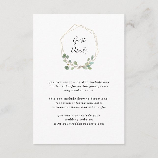Tarjeta De Recepción Eucalyptus Greenery | Detalles del Boda geométrico (Anverso)