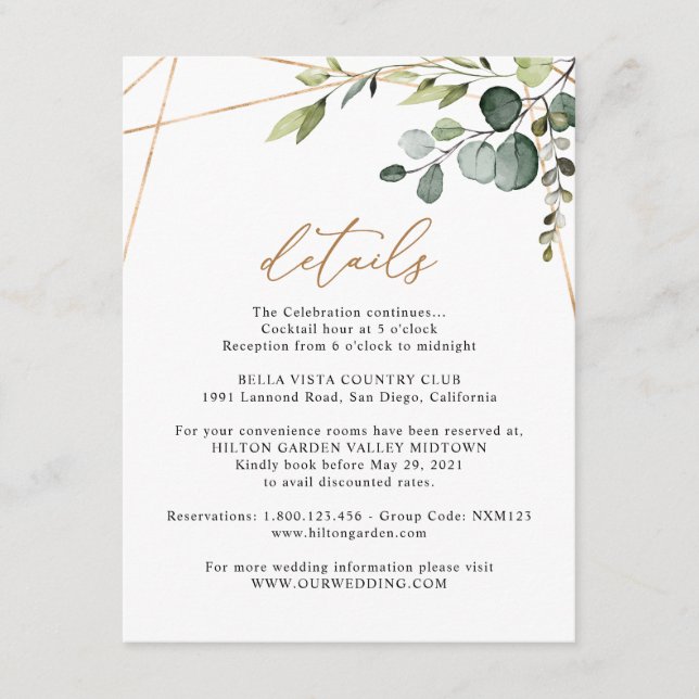Tarjeta De Recepción Eucalyptus Greenery Gold Geometric Details Wedding (Anverso)