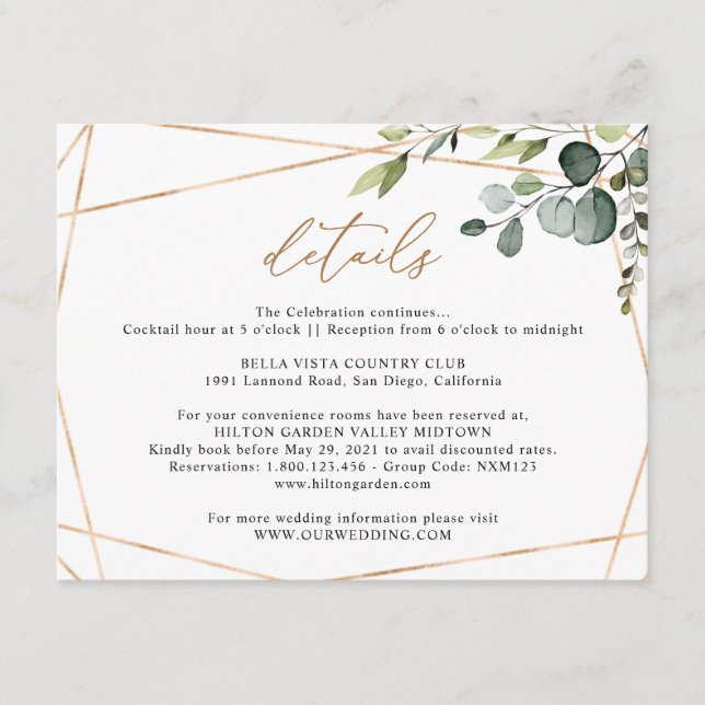 Tarjeta De Recepción Eucalyptus Greenery Gold Geometric Wedding Details (Anverso)