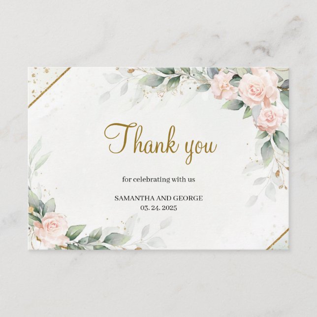 Tarjeta De Recepción Eucalyptus Greenery Rubor Floral Gold Gracias (Anverso)
