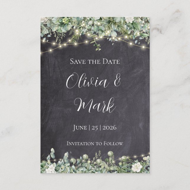 Tarjeta De Recepción Eucalyptus Greenery Save the Date | Botánico Rústi (Anverso)