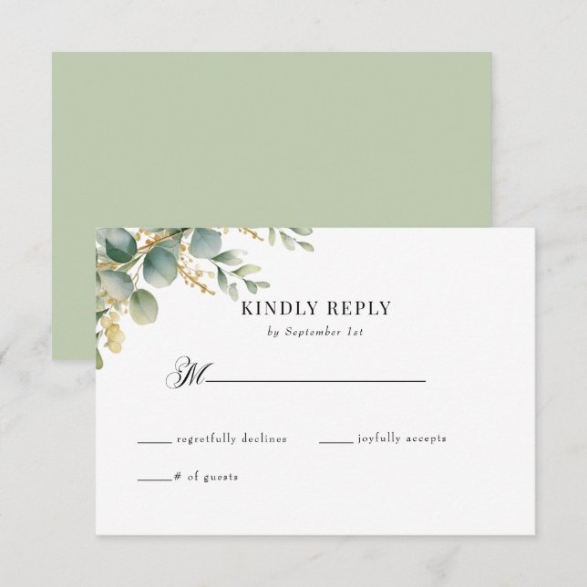 Tarjeta De Recepción Eucalyptus Greenery y Gold Wedding RSVP (Anverso / Reverso)