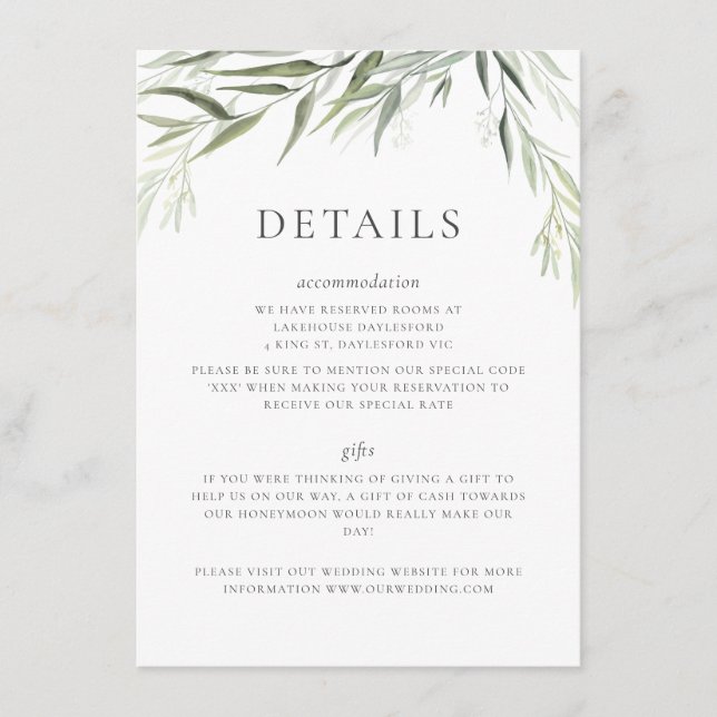 Tarjeta De Recepción Eucalyptus Gum deja Boda de la vegetación (Anverso)