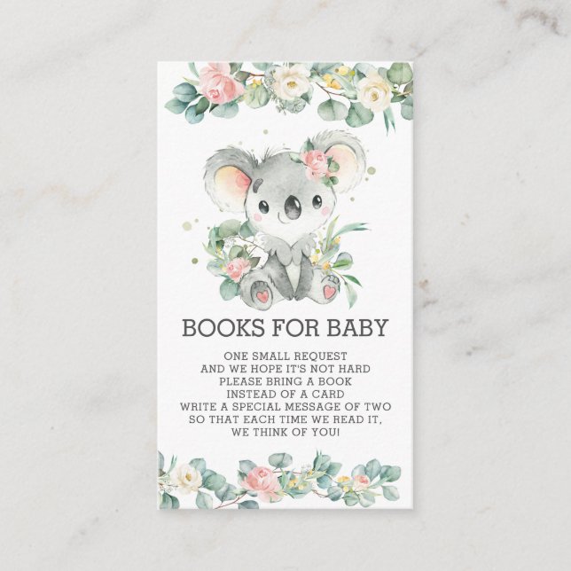 Tarjeta De Recepción Eucalyptus Koala Floral Rosa Libros para Niña (Anverso)