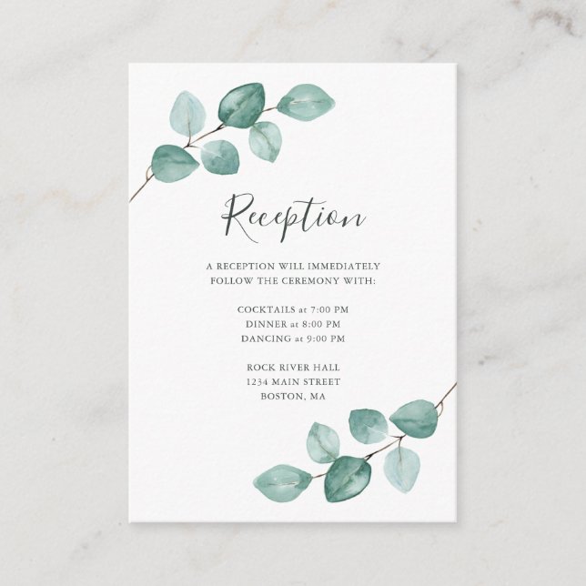Tarjeta De Recepción Eucalyptus moderno acuarela Boda de escritura negr (Anverso)
