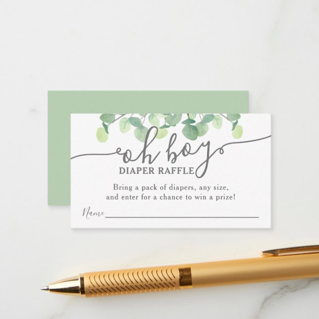 Tarjeta De Recepción Eucalyptus Moderno Oh Boy Baby Shower Diaper Raffl (Anverso/Reverso In Situ)