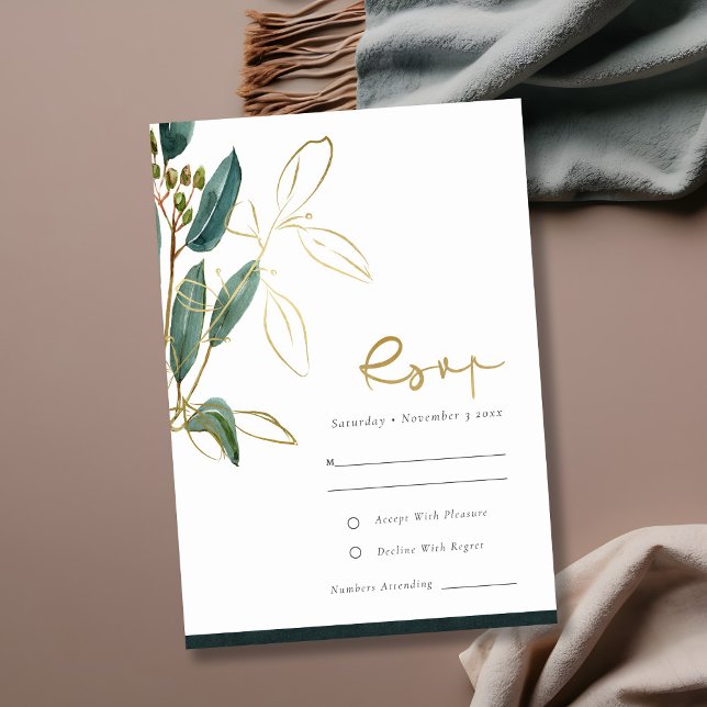 Tarjeta De Recepción Eucalyptus Relieve metalizado dorado Verde Foliage (Subido por el creador)