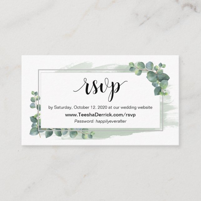 Tarjeta De Recepción Eucalyptus, RSVP en línea vía sitio web Boda (Anverso)