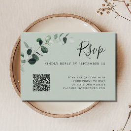 Tarjeta De Recepción Eucalyptus Sage Código QR Boda RSVP