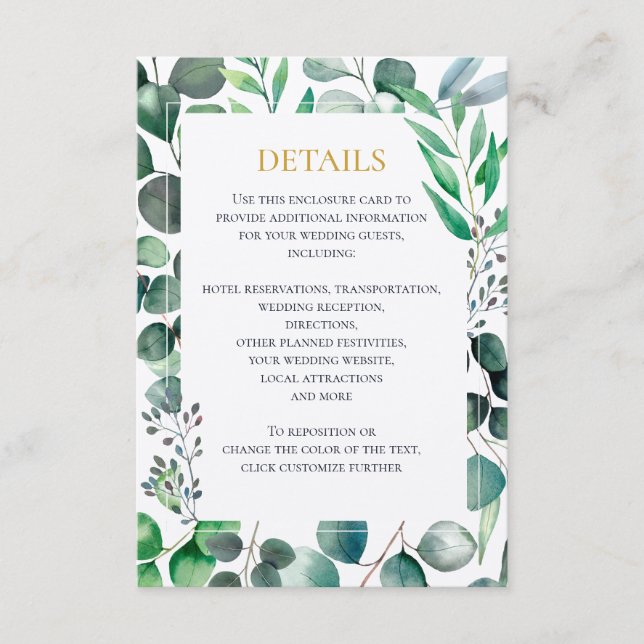 Tarjeta De Recepción Eucalyptus Watercolor Wedding Invitation, Details (Anverso)