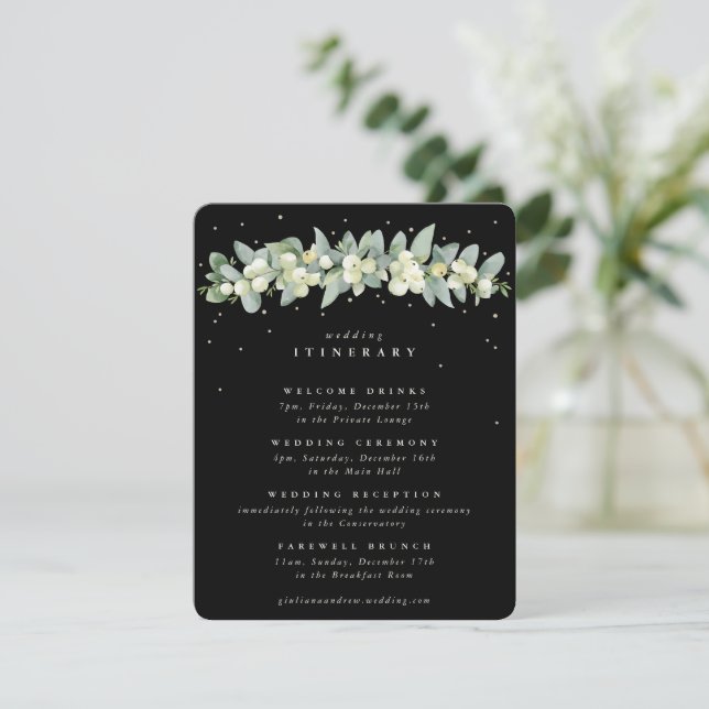 Tarjeta De Recepción Eventos de Boda Black Snowberry+Eucalyptus Garland (Anverso de pie)