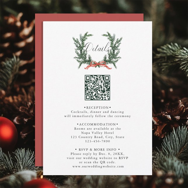 Tarjeta De Recepción Evergreen Pine Wreath Wedding QR Code Details (Subido por el creador)