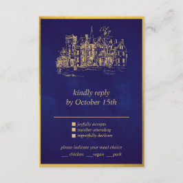 Tarjeta De Recepción Fairy Tale Whimsical Castle Purple Gold RSVP tarje