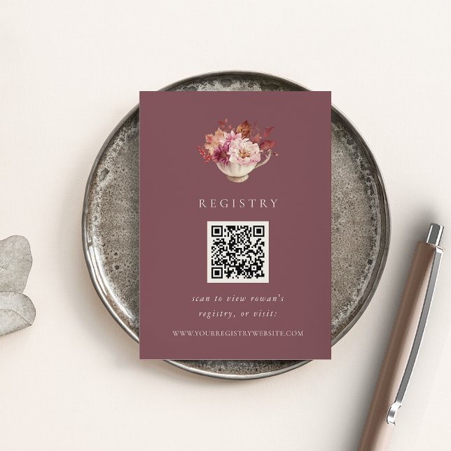 Tarjeta De Recepción Fall Floral Teacup Brillante Shower Registry QR Co (Subido por el creador)