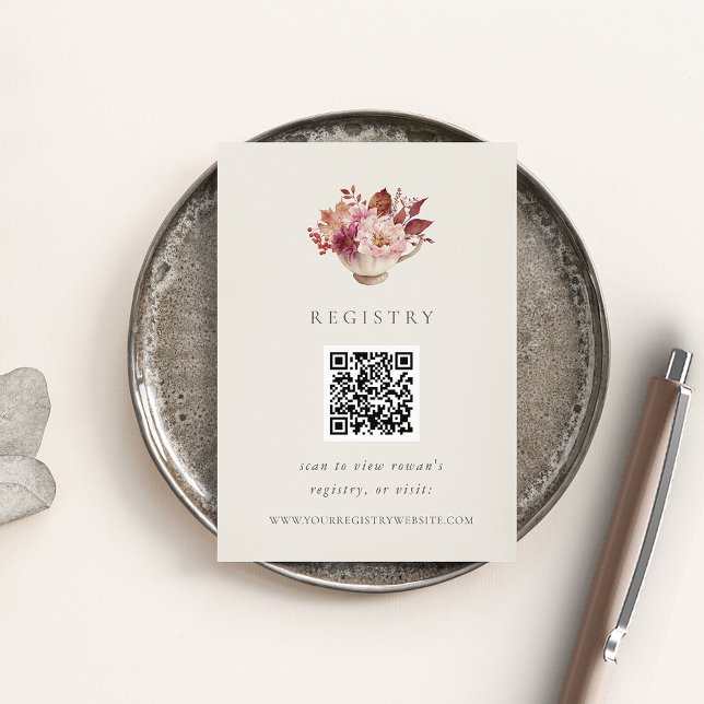 Tarjeta De Recepción Fall Floral Teacup Brillante Shower Registry QR Co (Subido por el creador)