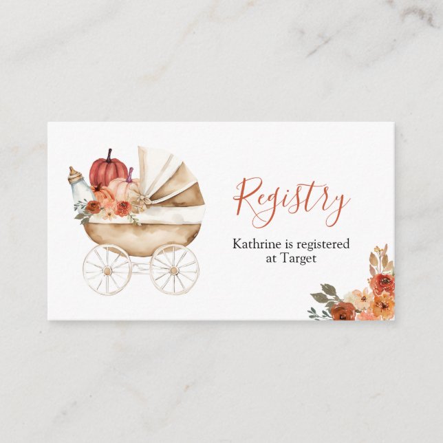 Tarjeta De Recepción Fall Pumpkin Stroller Floral Baby Shower Registry (Anverso)