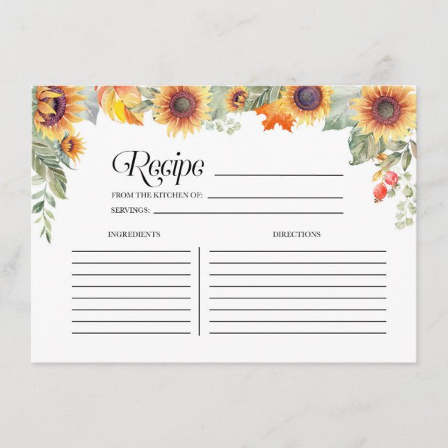 Tarjeta De Recepción Fall Sunflower Floral Bridal Shower Receta (Anverso)