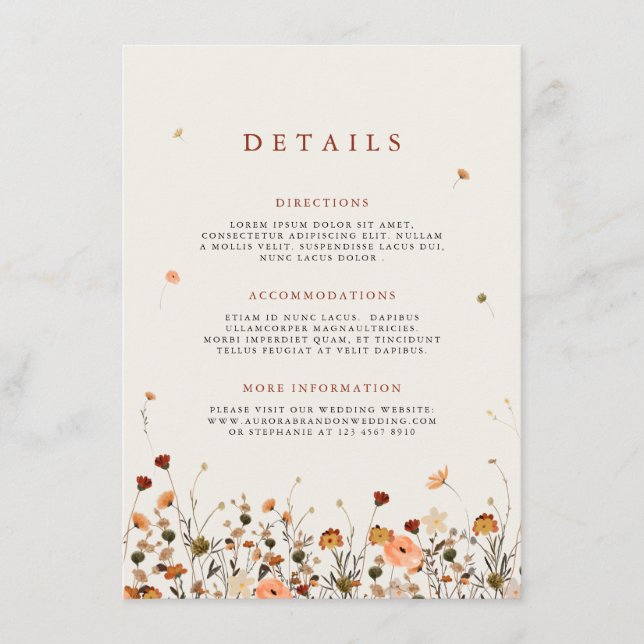 Tarjeta De Recepción Fall Wildflower Garden Floral Boho Boda Detalles (Anverso)