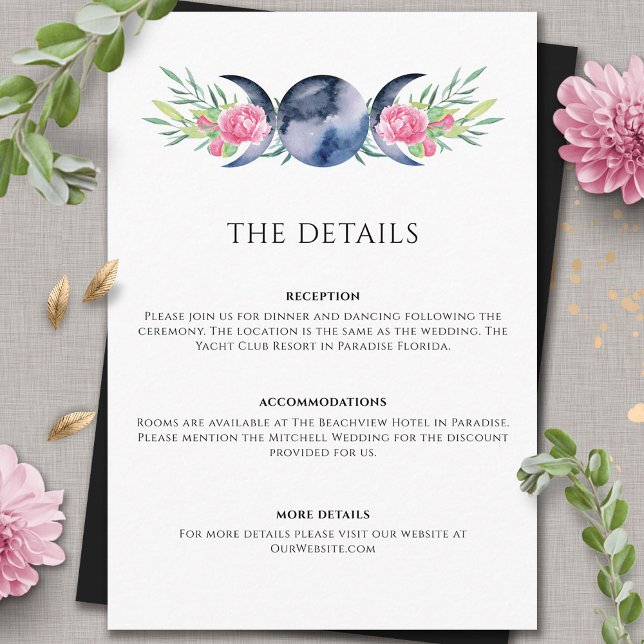 Tarjeta De Recepción Fase lunar Boda metafísico rosado floral (Subido por el creador)