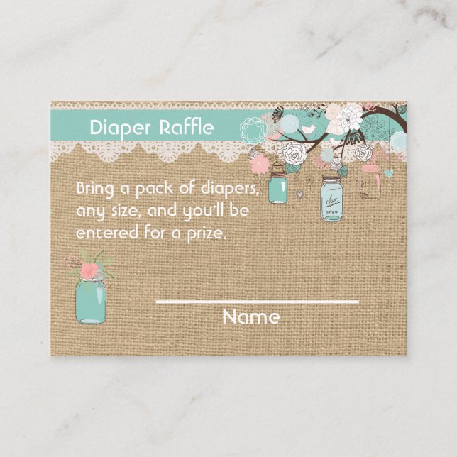 Tarjeta De Recepción Faux burlap Mason Jar Diaper Raffle Insert (Anverso)
