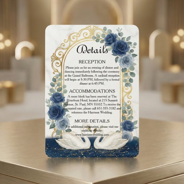 Tarjeta De Recepción Faux Gold Arch & Marble Navy Blue Floral (Subido por el creador)