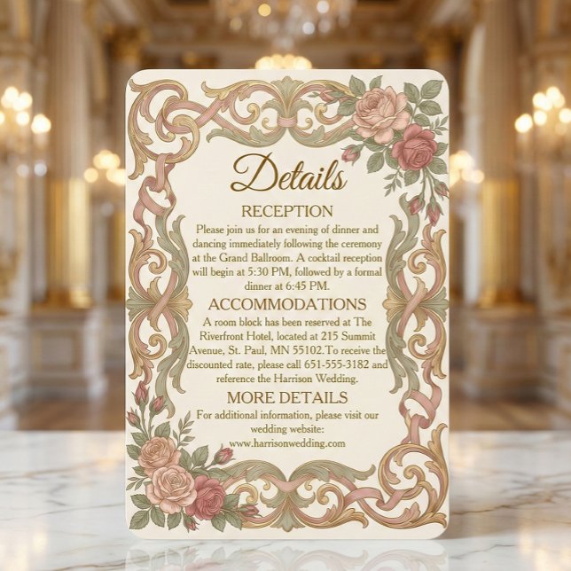 Tarjeta De Recepción Faux Gold Baroque Scrollwork Blush Floral (Subido por el creador)
