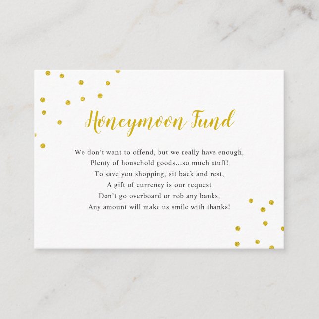 Tarjeta De Recepción Faux Gold Confetti Honeymoon Fund (Anverso)