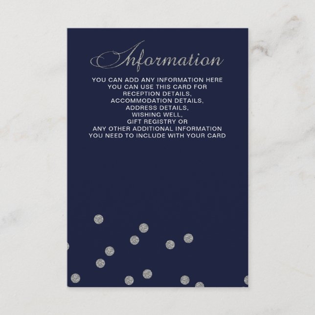 Tarjeta De Recepción FAUX Purpurina confetti navy boda de plata (Anverso)