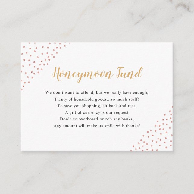 Tarjeta De Recepción Faux Rosa Gold Confetti Honeymoon Fund (Anverso)