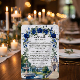 Tarjeta De Recepción Faux White Marble & Blue Watercolor Floral Estate