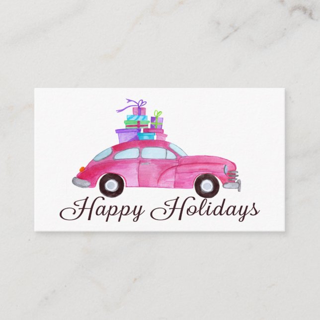 Tarjeta De Recepción Felices Fiestas Clásicas Acuarela de Coche (Anverso)