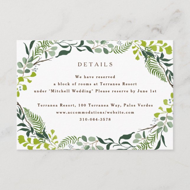 Tarjeta De Recepción Fern Eucalyptus Boda de la vegetación de mano (Anverso)