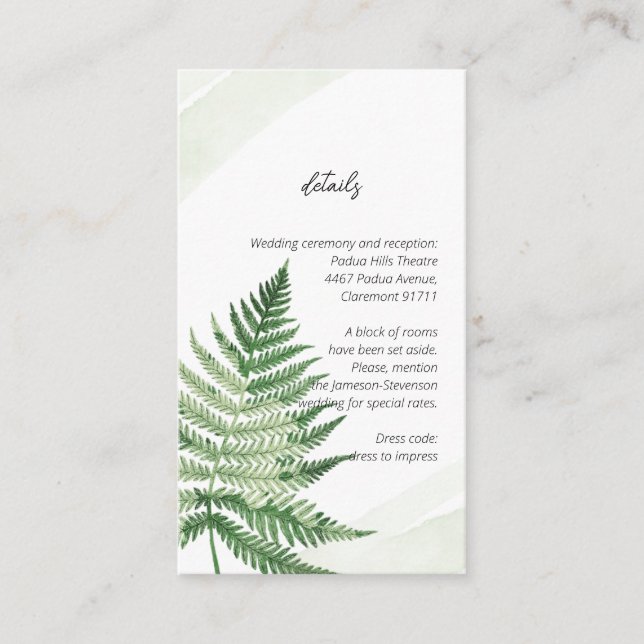 Tarjeta De Recepción Fern verde minimalista (Anverso)