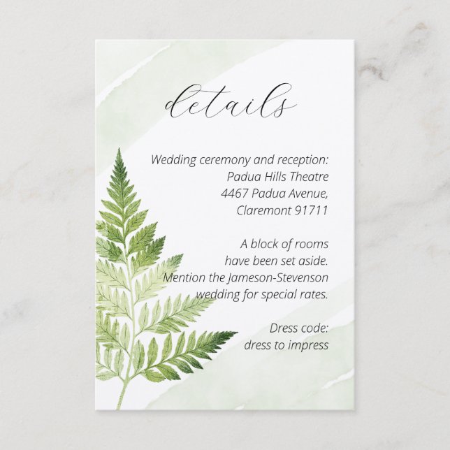 Tarjeta De Recepción Fern verde minimalista (Anverso)