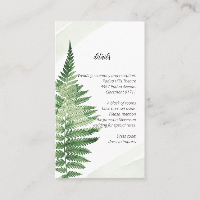 Tarjeta De Recepción Fern verde minimalista (Anverso)