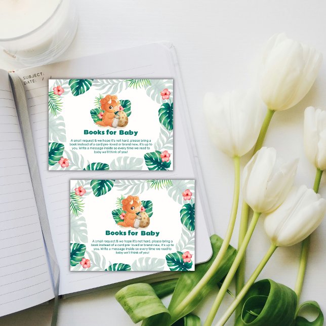 Tarjeta De Recepción Fiesta de bebé Libros de Dino de flor tropical que (Tropical Flower Hatching Dino Books Baby Shower Enclosure Card)