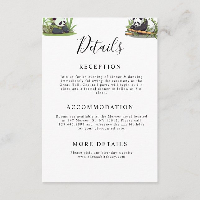 Tarjeta De Recepción Fiesta de cumpleaños de Bamboo Cute Panda Greenery (Anverso)