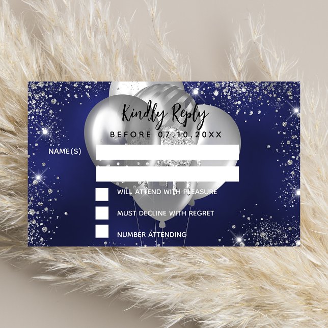 Tarjeta De Recepción Fiesta de globos de plata azul marino RSVP (Subido por el creador)